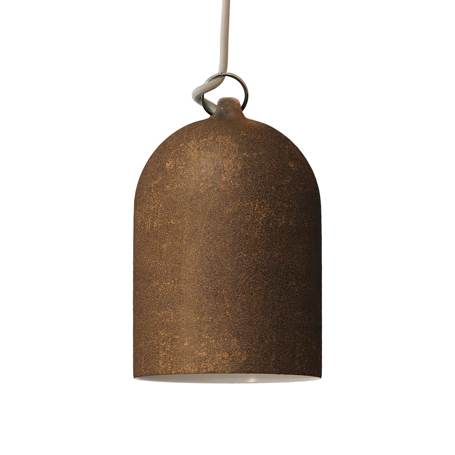 Pendant lamp with textile cable and lampshade Mini Bell XS ceramic shade - Corten effect - White