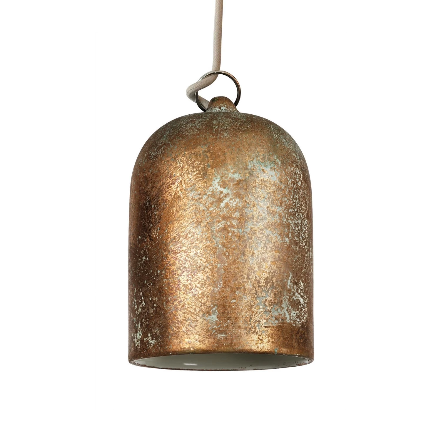Pendant lamp with textile cable and lampshade Mini Bell XS ceramic shade - Copper green effect - White