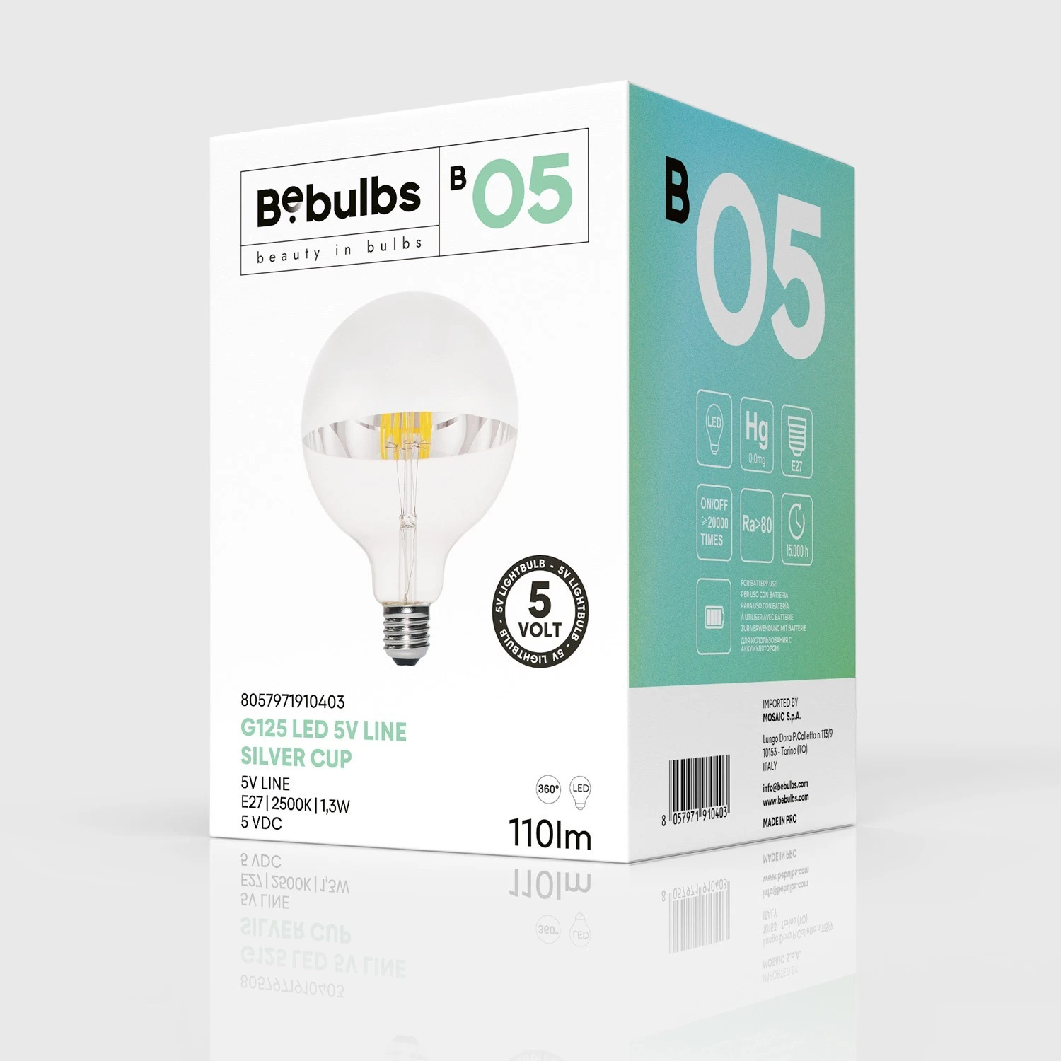 LED Light bulb Half sphere silver B05 5V Collection Short filament Globe G40 (G125) 1,3W E27 Dimmable 2500K