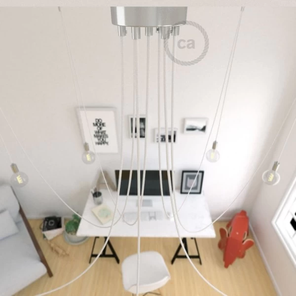 Spider, multiple suspension with 7 pendants, chromed metal, RM01 White cable