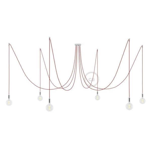 Spider, multiple suspension with 6 pendants, chromed metal, RM09 Red cable