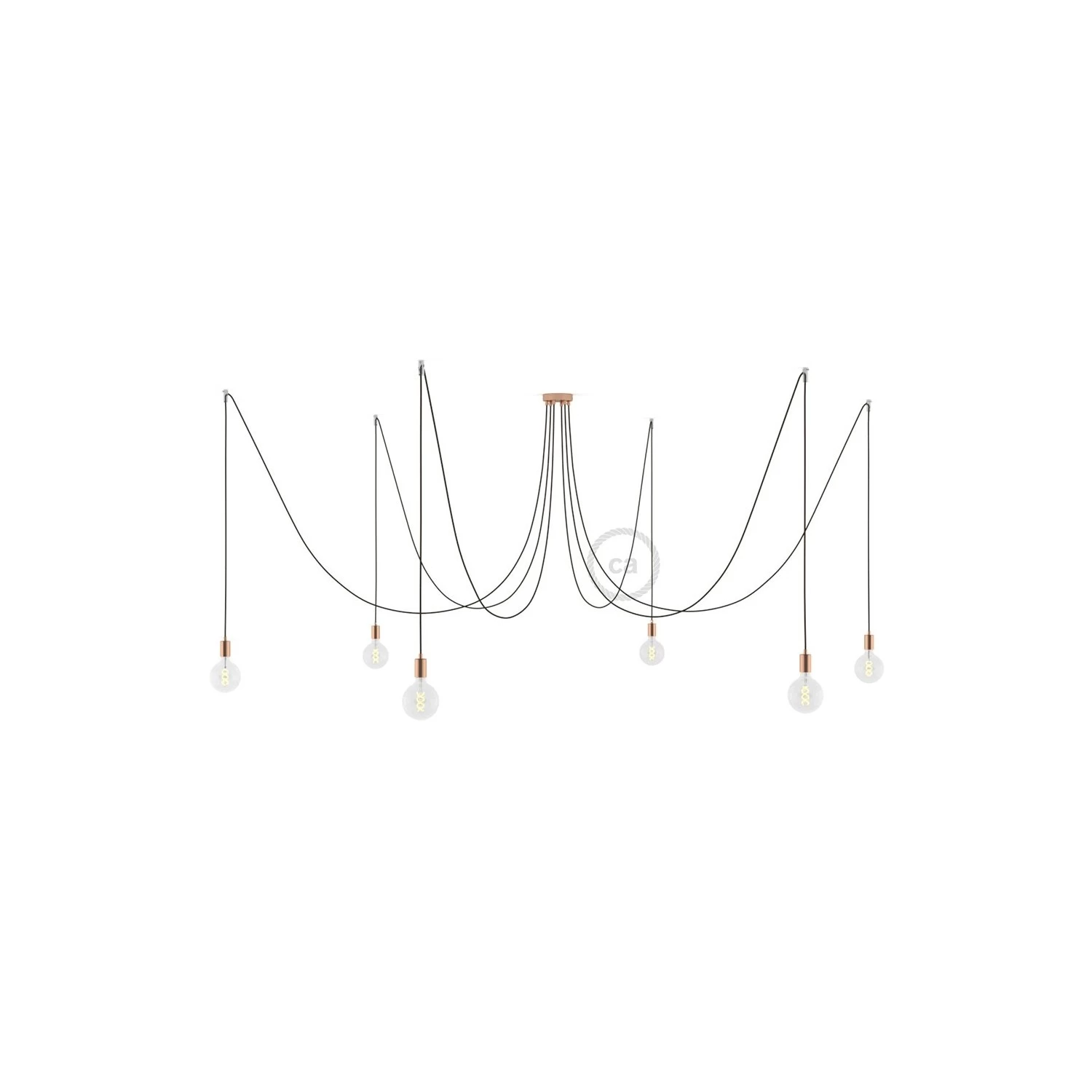 Spider, multiple suspension with 6 pendants, copper metal, RN04 Brown cable