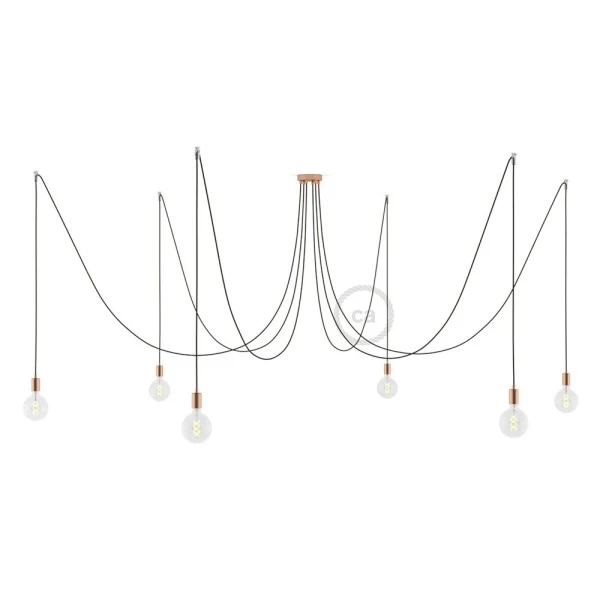 Spider, multiple suspension with 6 pendants, copper metal, RN04 Brown cable
