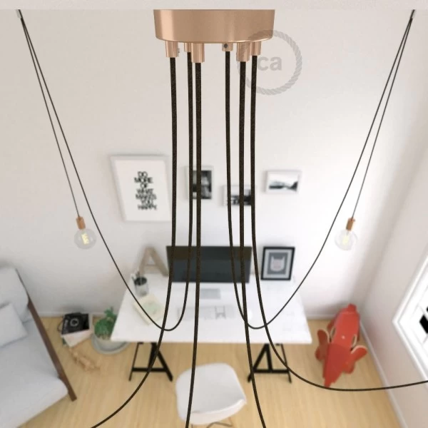 Spider, multiple suspension with 6 pendants, copper metal, RN04 Brown cable