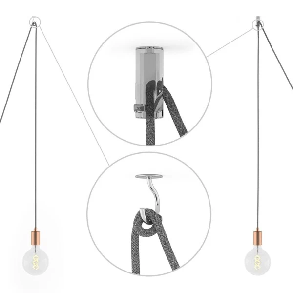 Spider, multiple suspension with 6 pendants, copper metal, RN04 Brown cable