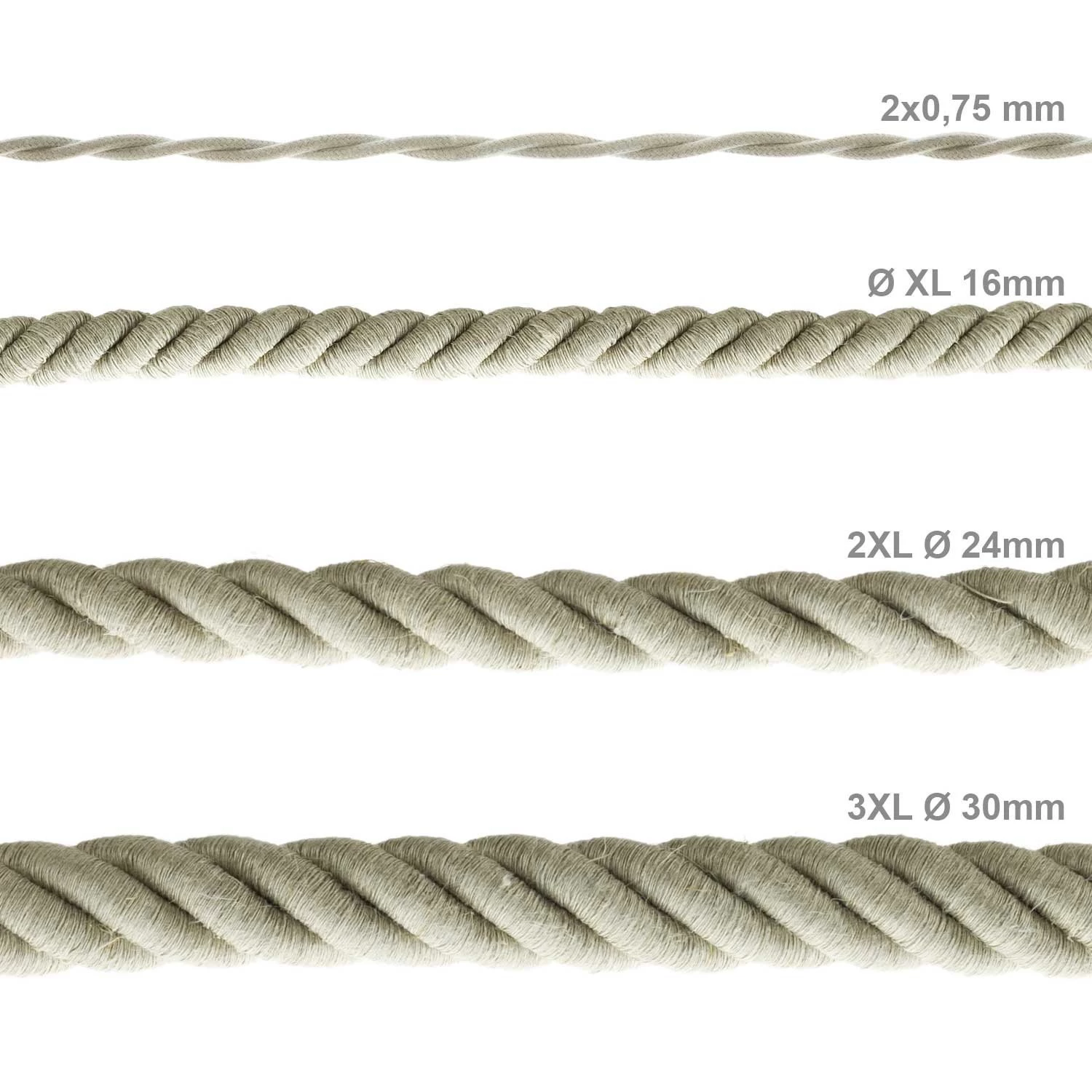 3XL Rope electrical wire 18/3 AWG wire inside. Natural Linen Fabric. 30mm.