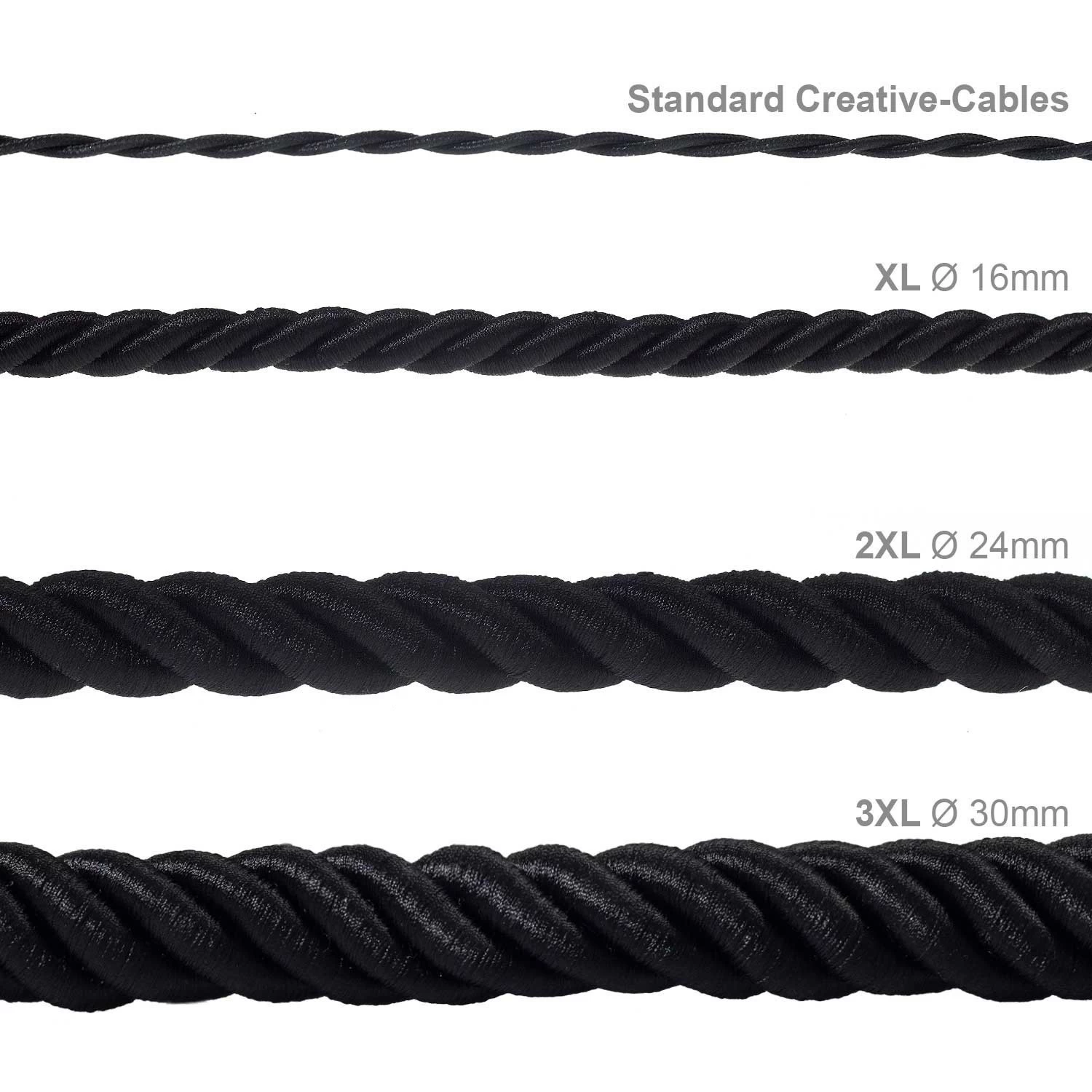 2XL Rope electrical wire 18/3 AWG wire inside. Shiny Black Fabric. 24mm.